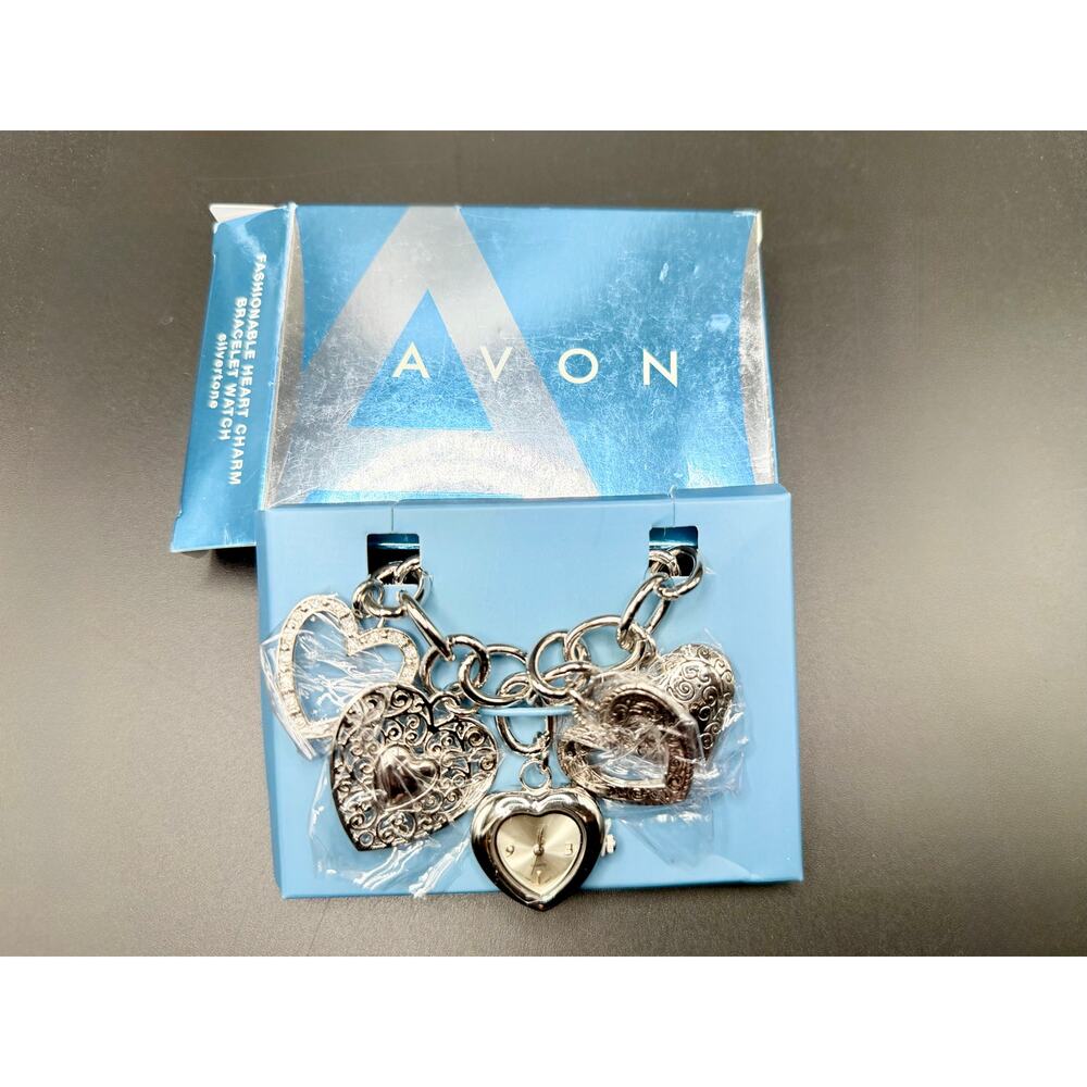 Vintage Avon Fashionable Heart Charm Bracelet Watch – Silvertone – NOS in Box